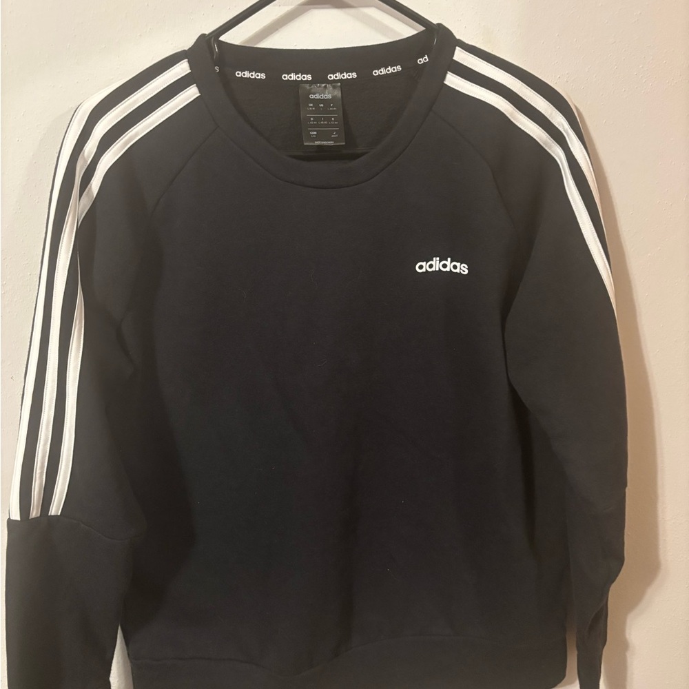 Adidas Women's Black Crewneck Sweater Shirt with White Stripes